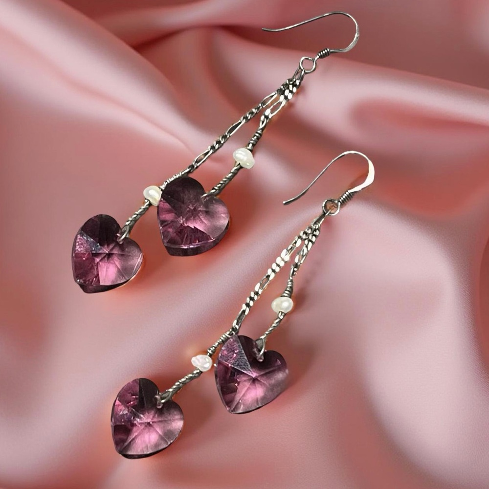 🆕 Vintage Sterling Silver Pink Swarovski Heart & Pearl Dangle Earrings